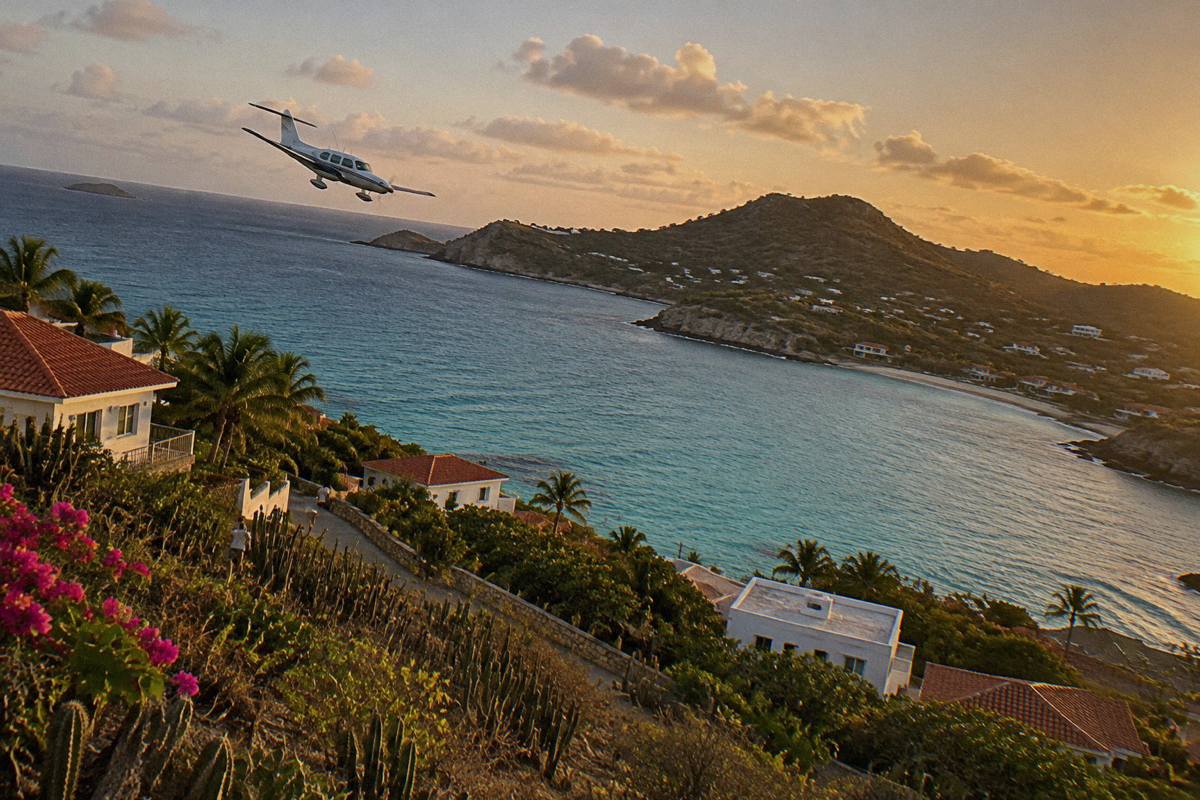 A small twin-engine aircraft banking over turquoise Caribbean water toward an island coastline