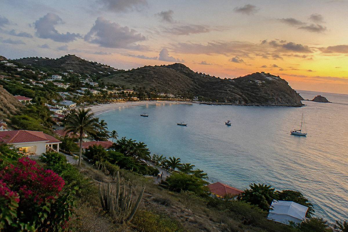 Low buildings and palm trees along a curved bay with lights on at dusk