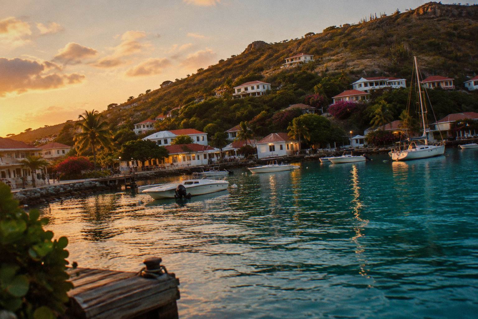 Harbour buildings on a hillside above dark water with lights reflected at dusk