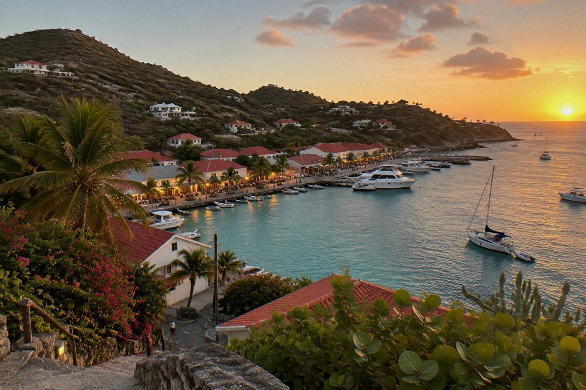 A small Caribbean port town at dusk with lit shopfronts and boats in the harbour