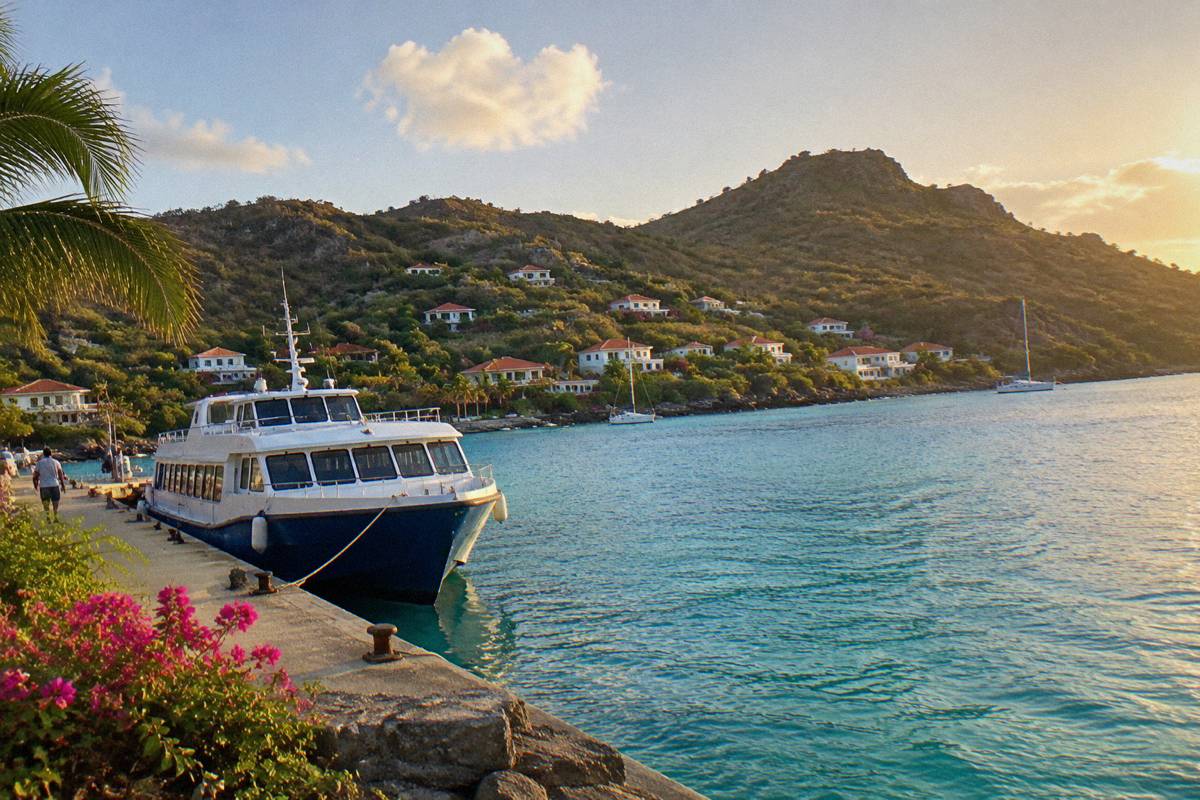 Ferry boat moored at a Caribbean waterfront dock in morning light