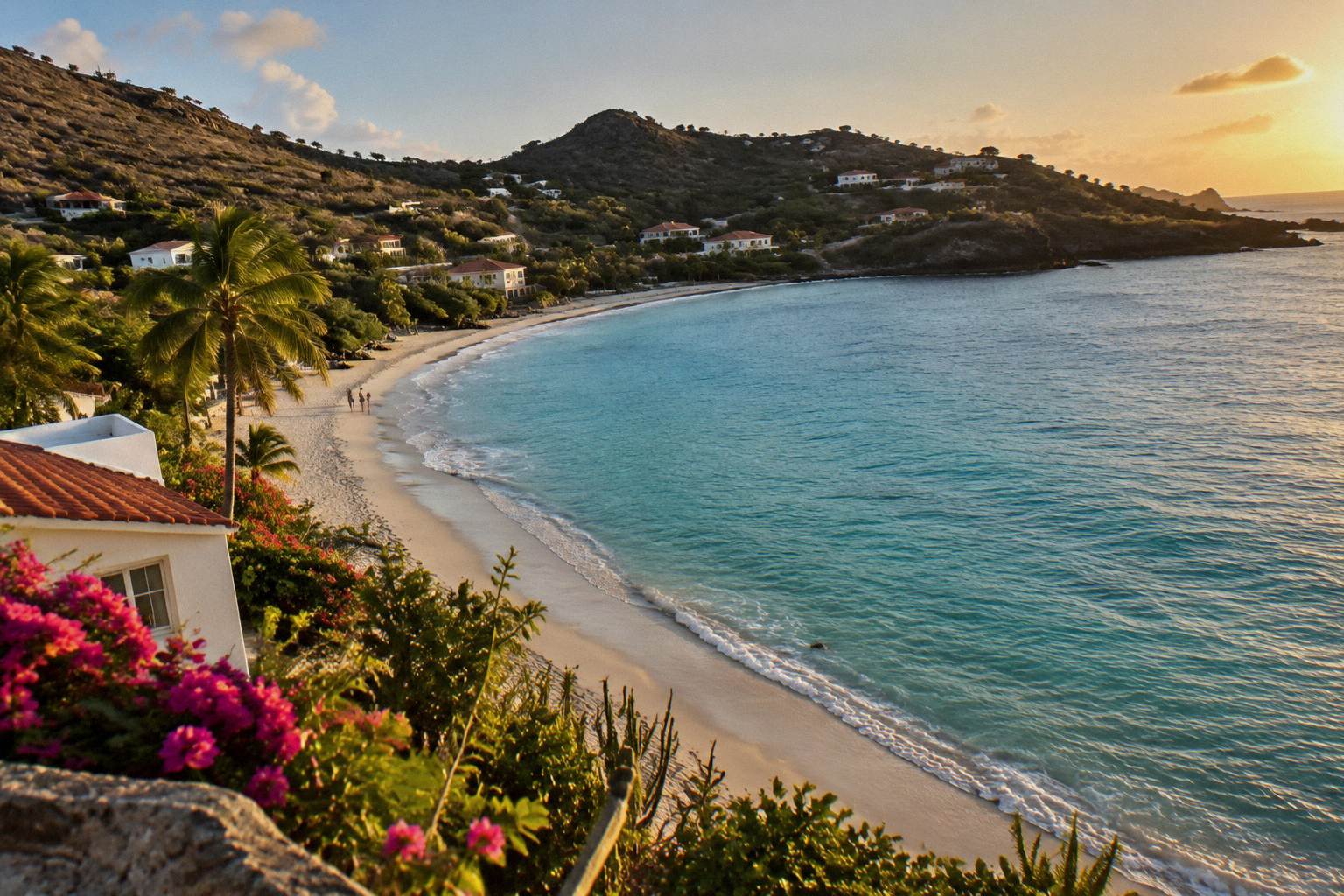 Turquoise bay on Saint Barthelemy with white sand and gentle waves along the shoreline