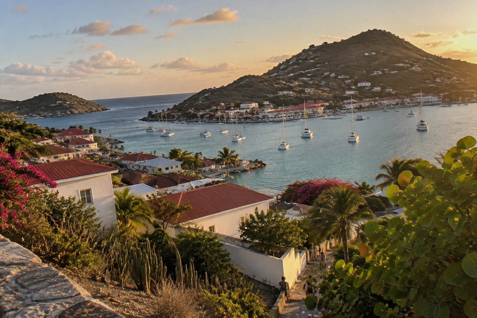 Harbour buildings and sailboats along the waterfront of Gustavia on Saint Barthelemy