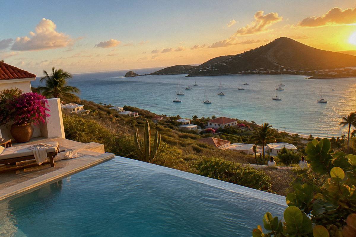 A hillside infinity pool overlooking a wide bay with sailboats anchored offshore