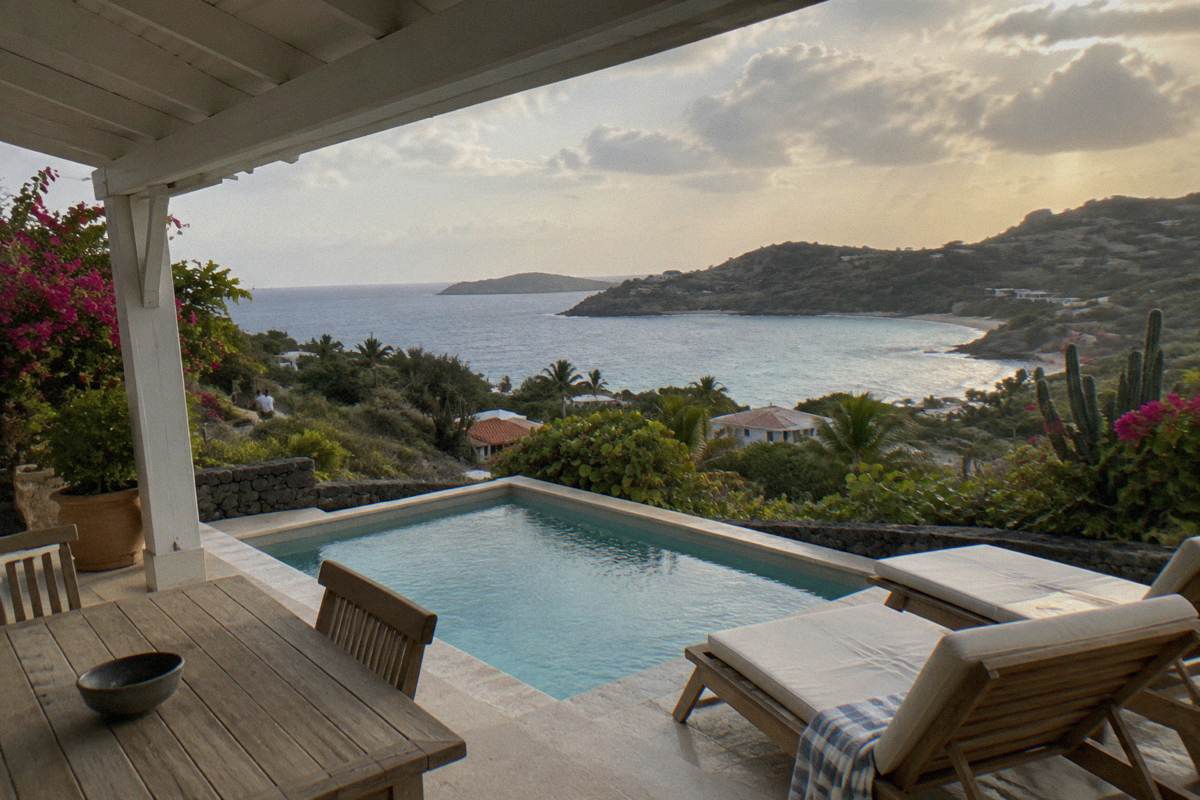 A covered villa terrace with a private pool and loungers facing the sea at golden hour