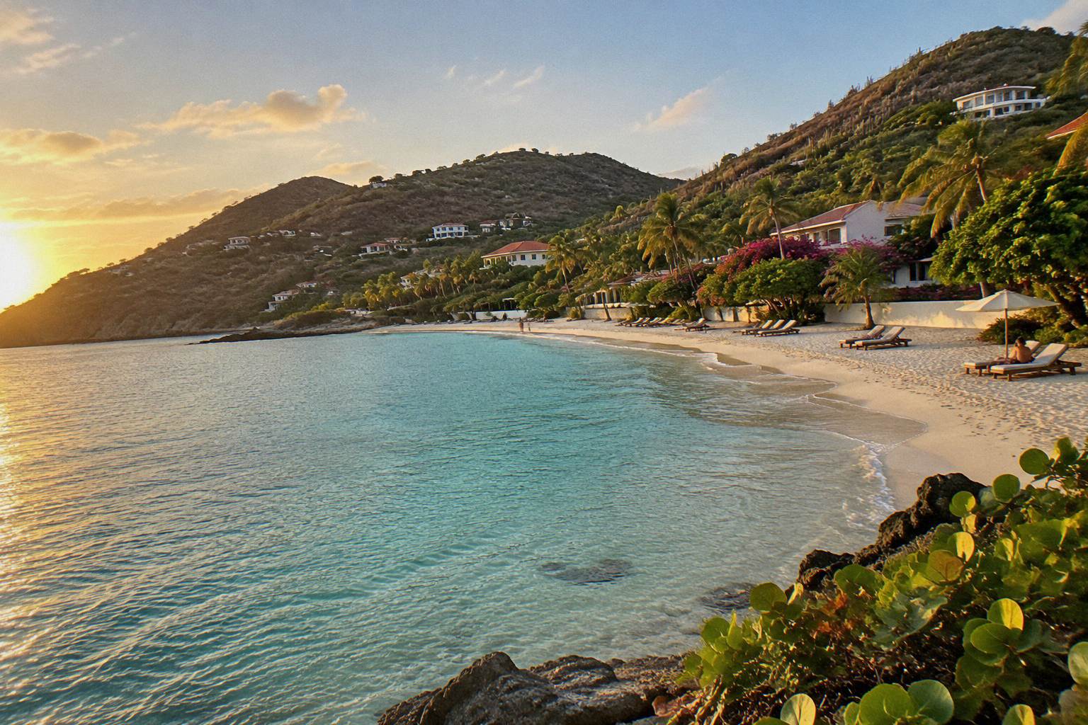 Turquoise bay with sun loungers on white sand and calm shallow water along a tree lined shore