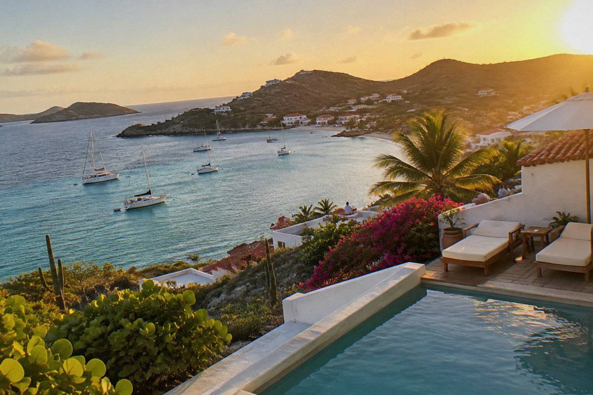 Hillside luxury hotel terrace overlooking a bay with yachts at anchor
