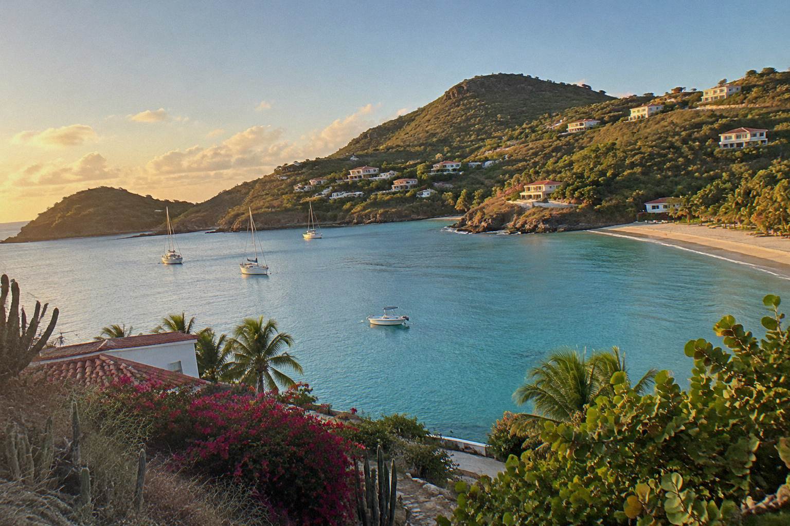 A calm Caribbean bay on Saint Barthelemy with calm turquoise water and green hills under a clear sky.