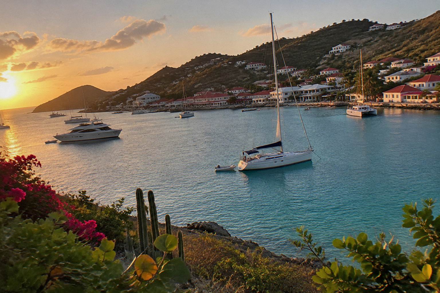 Yachts anchored in Gustavia harbour at dusk with hillsides of low white buildings behind