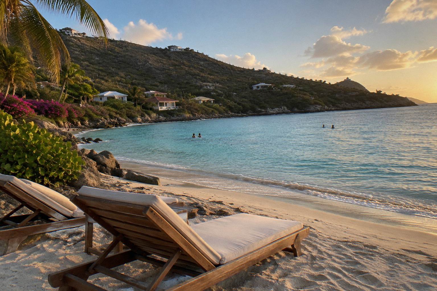 Wooden sun loungers on a Caribbean beach with calm turquoise water