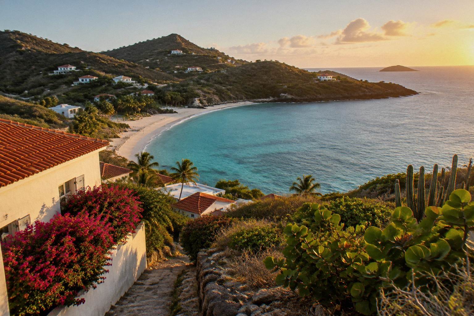 Calm turquoise bay with a sandy beach and green hills in the background