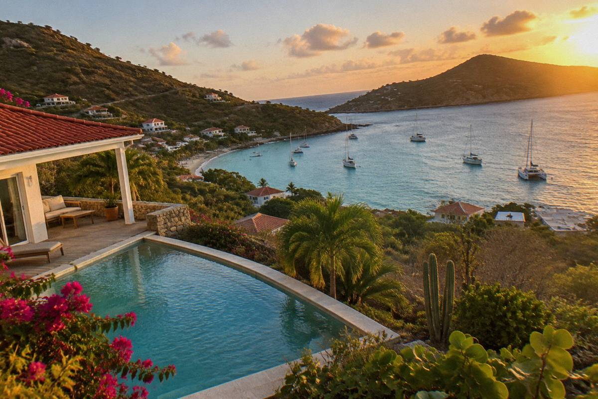 A hillside villa with a private pool overlooking a calm bay and moored boats.