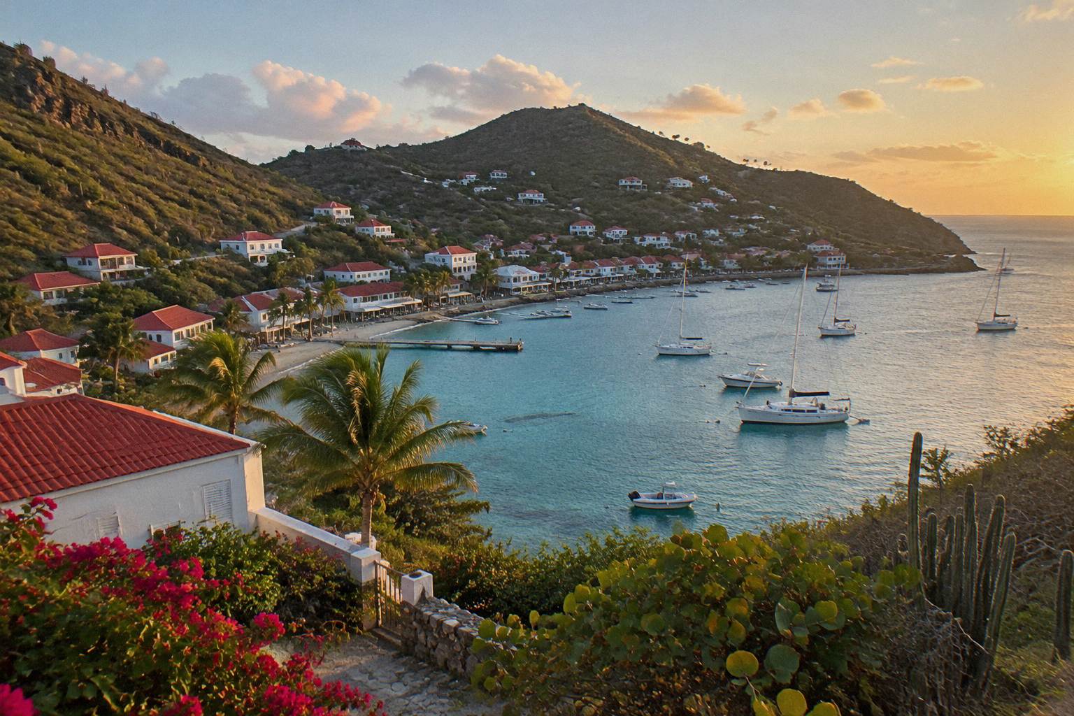 White buildings and red roofs above a small Caribbean harbour with hills in the background