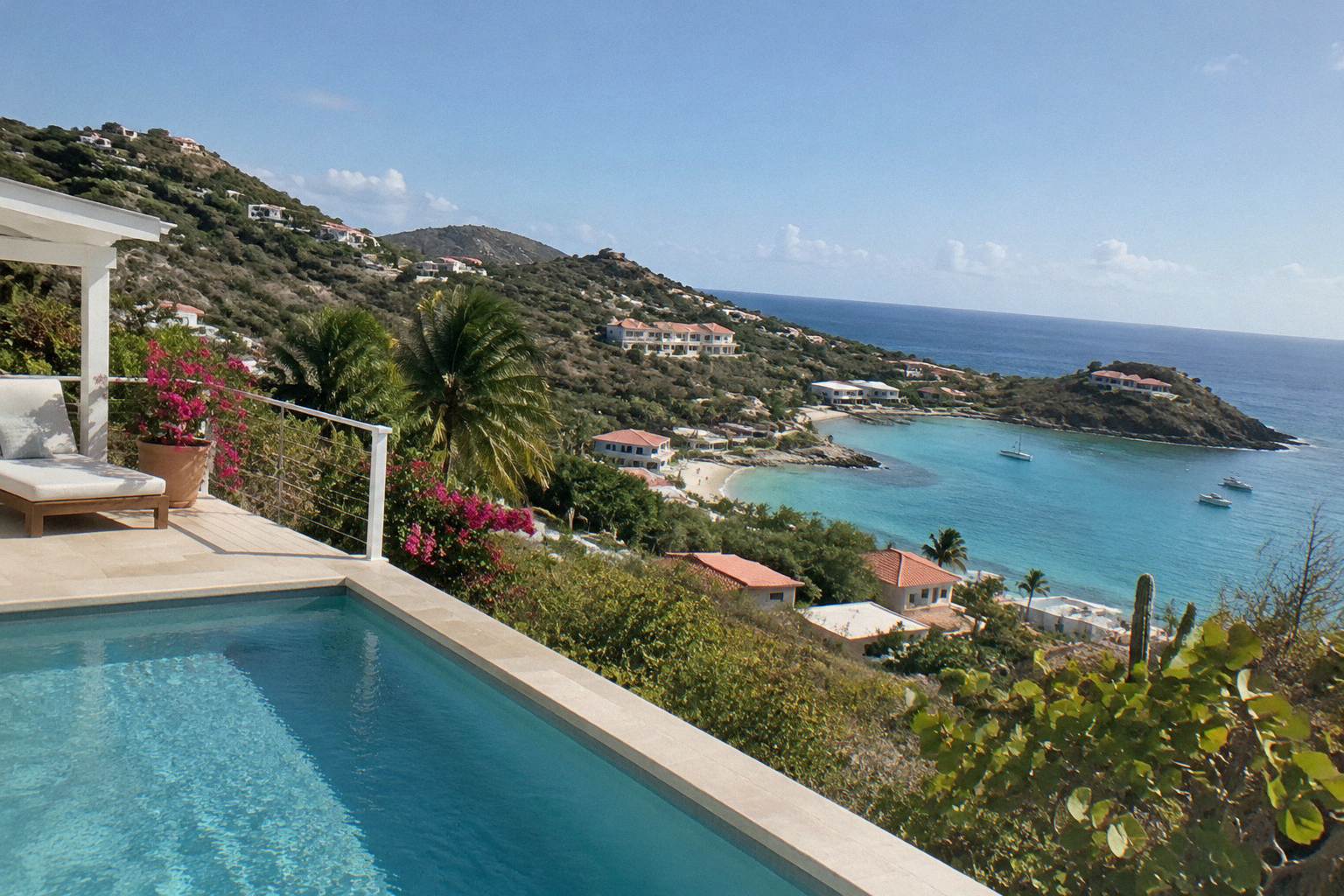 Whitewashed villa terrace with private pool overlooking the sea on Saint Barthelemy
