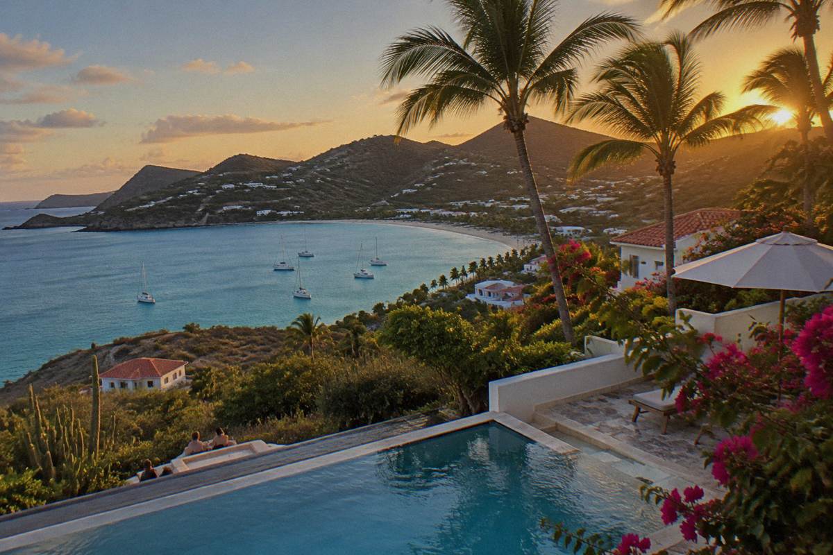 A resort pool and palm trees above a sheltered Caribbean bay