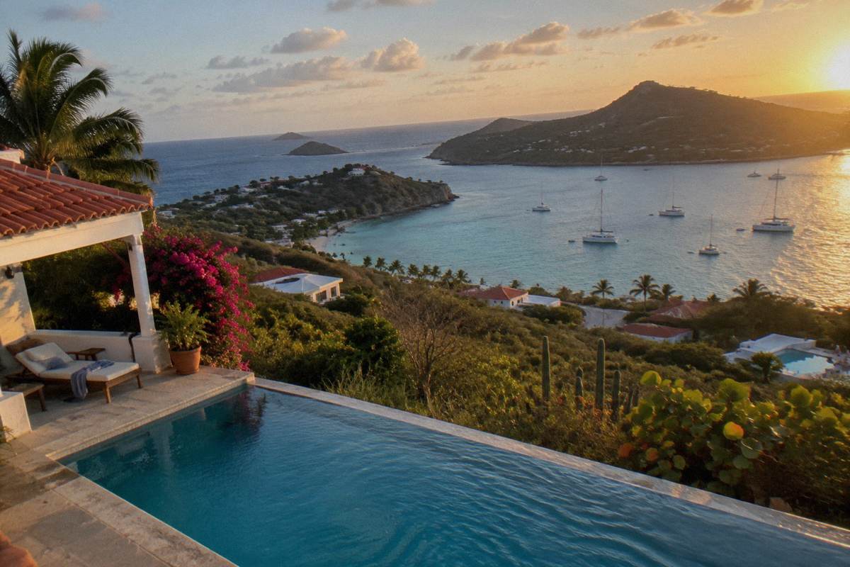 A hillside villa pool terrace looking down over a bay and anchored boats