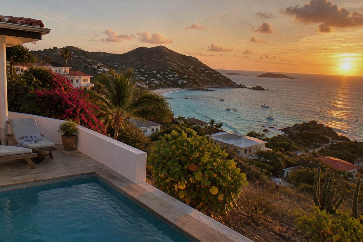Terrace overlooking the sea at dusk with warm light on the water