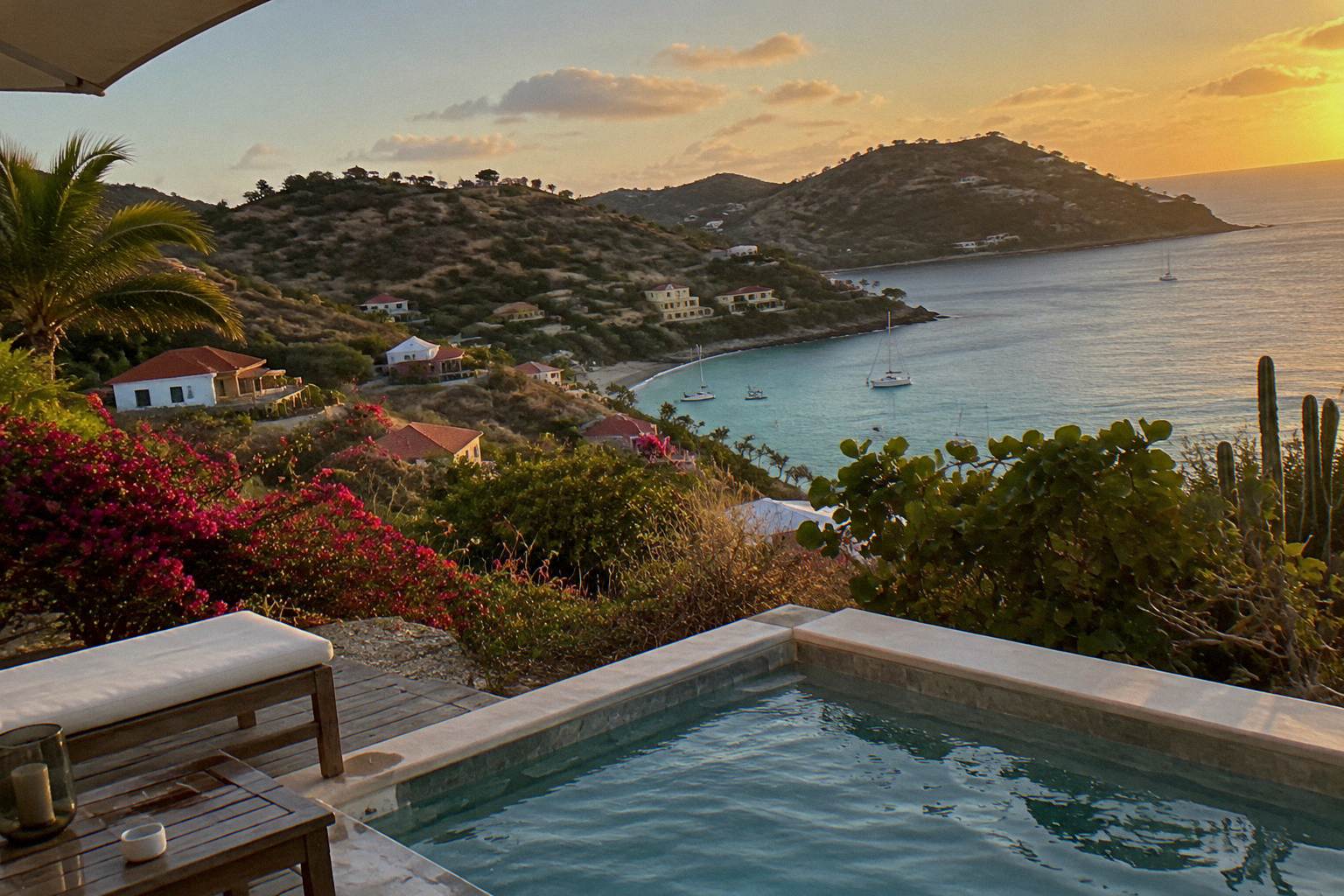 A small hillside hotel terrace above the coastline of Saint Barthelemy at golden hour