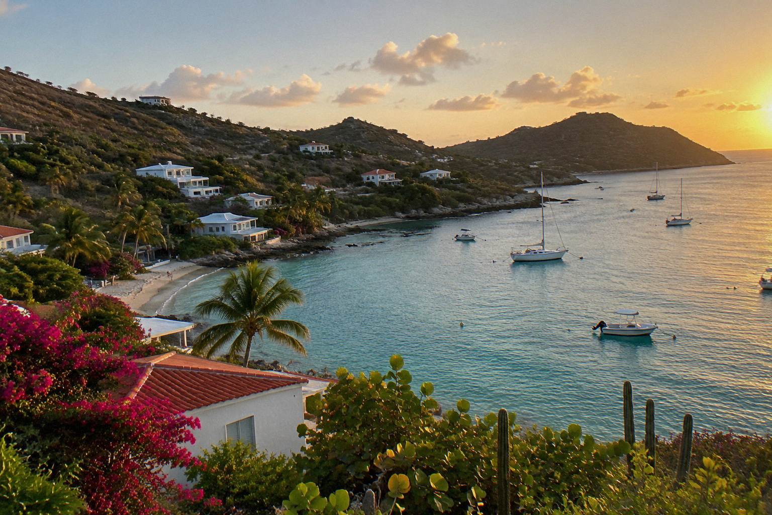 Low white hotel buildings beside a calm Caribbean bay with small boats at anchor