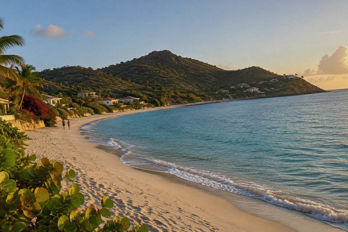 Long sandy beach at Flamands curving toward green hills under a clear sky