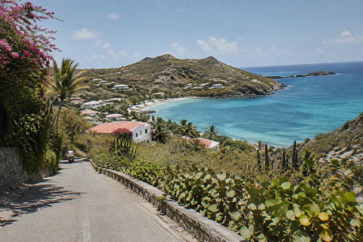 Narrow winding coastal road with green vegetation on a Caribbean hillside