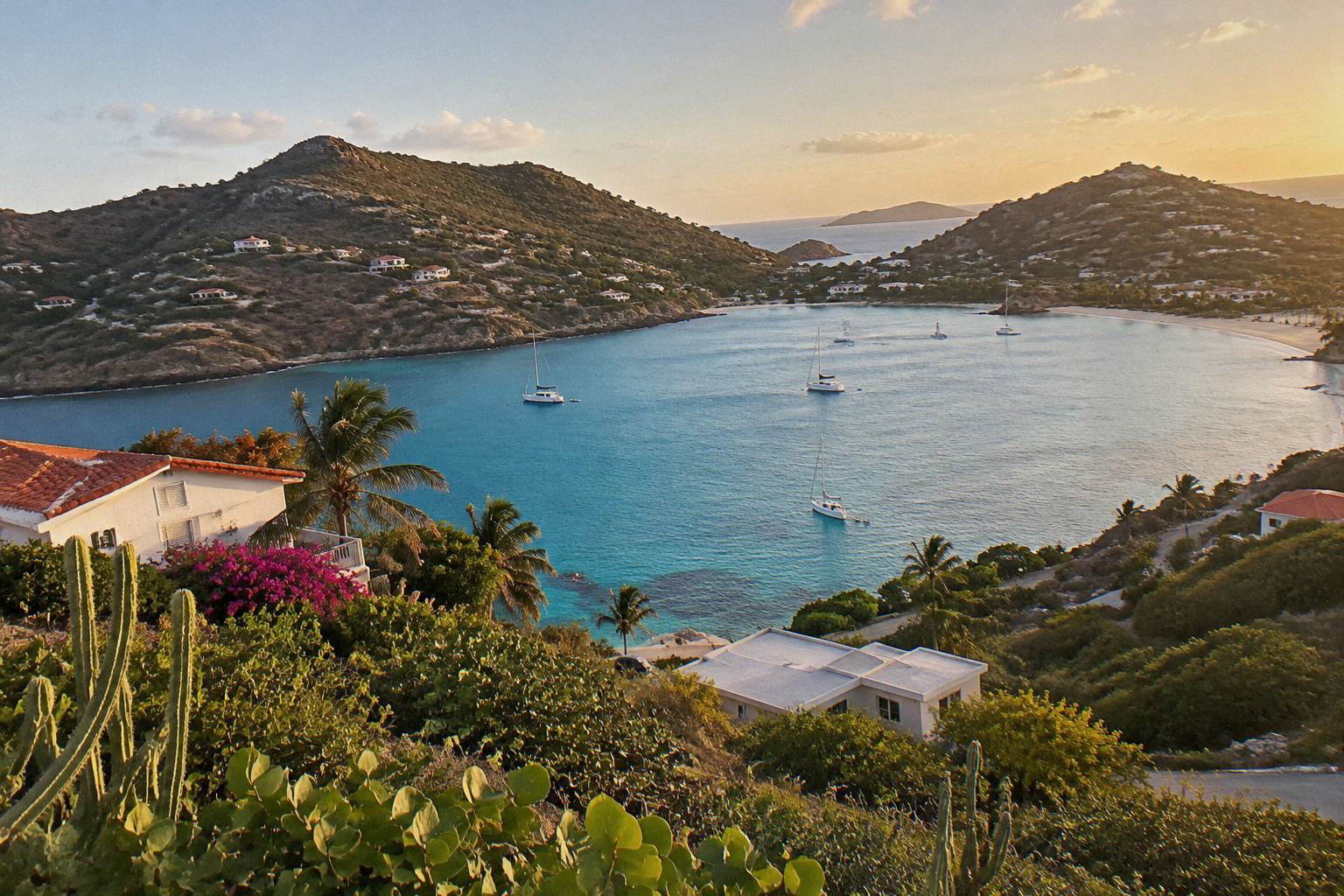 Calm turquoise bay of Grand Cul-de-Sac seen from a green hillside above the water