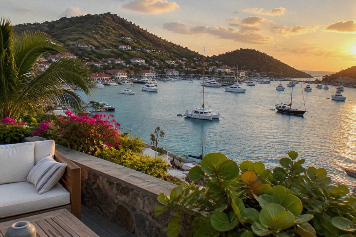 A luxury hotel terrace overlooking boats moored in Gustavia harbour