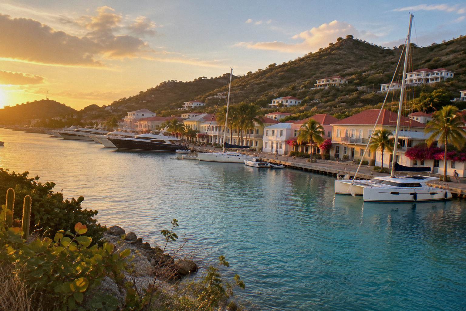 Yachts and pastel buildings along the harbour waterfront of Gustavia on Saint Barthelemy