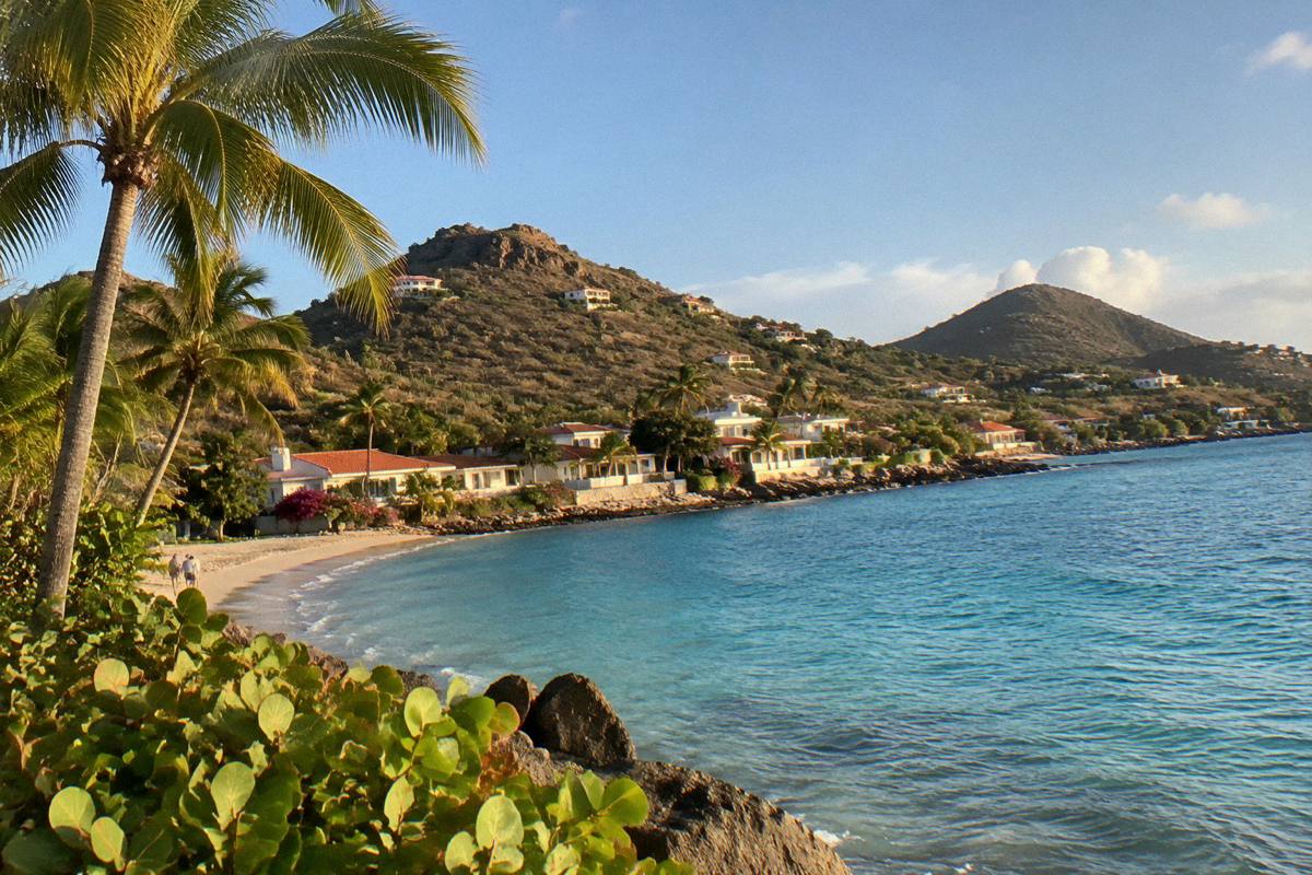 Palm trees and low white buildings along a quiet village shoreline at golden hour