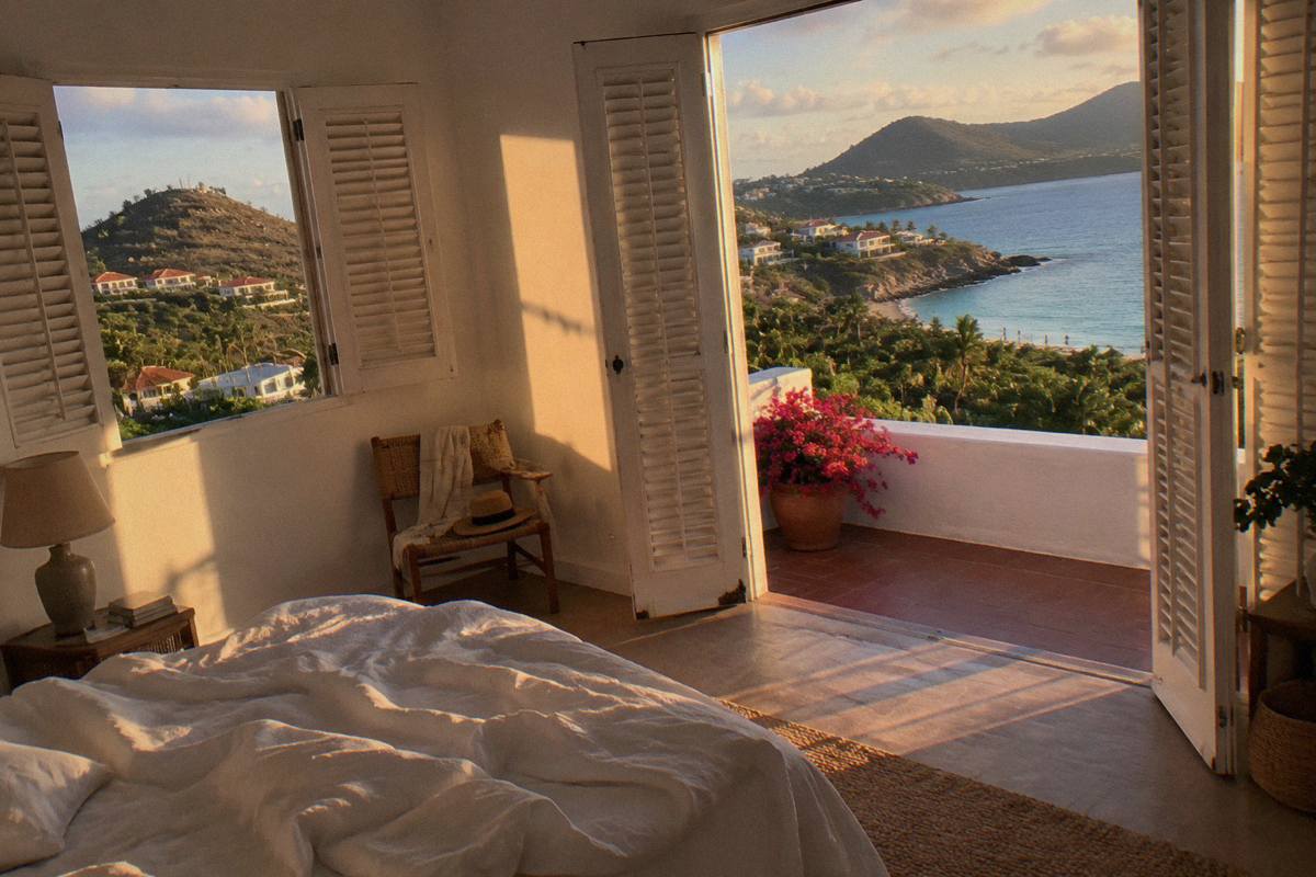 A bright bedroom of a small Caribbean villa with white walls and open shutters facing the sea