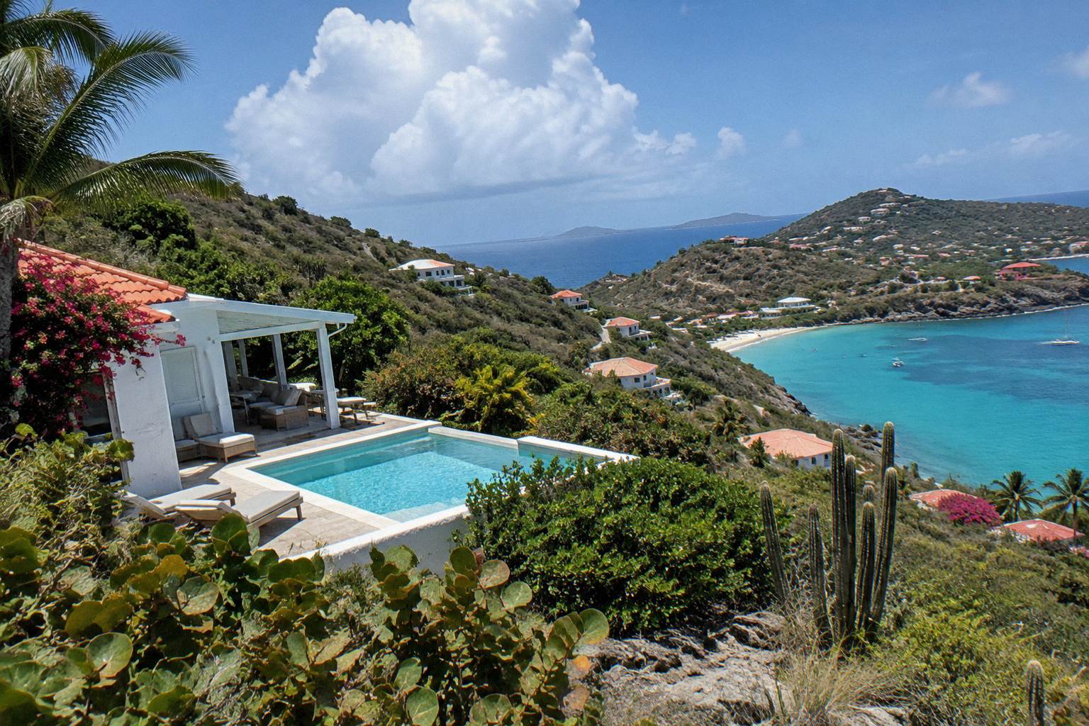A small white villa with a private pool on a green hillside above the sea in St Barts