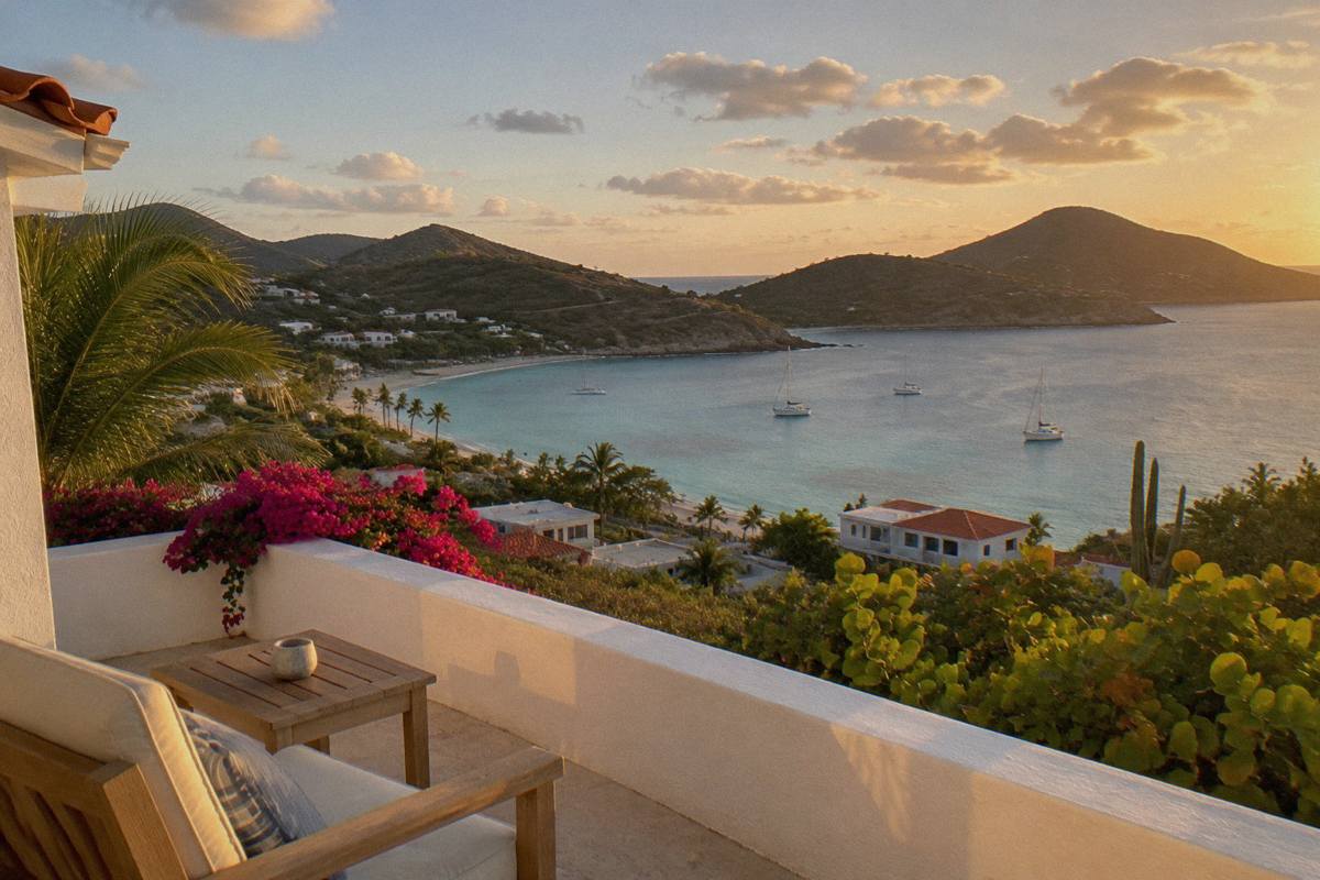 White hotel terrace overlooking a calm turquoise bay with hills in the distance