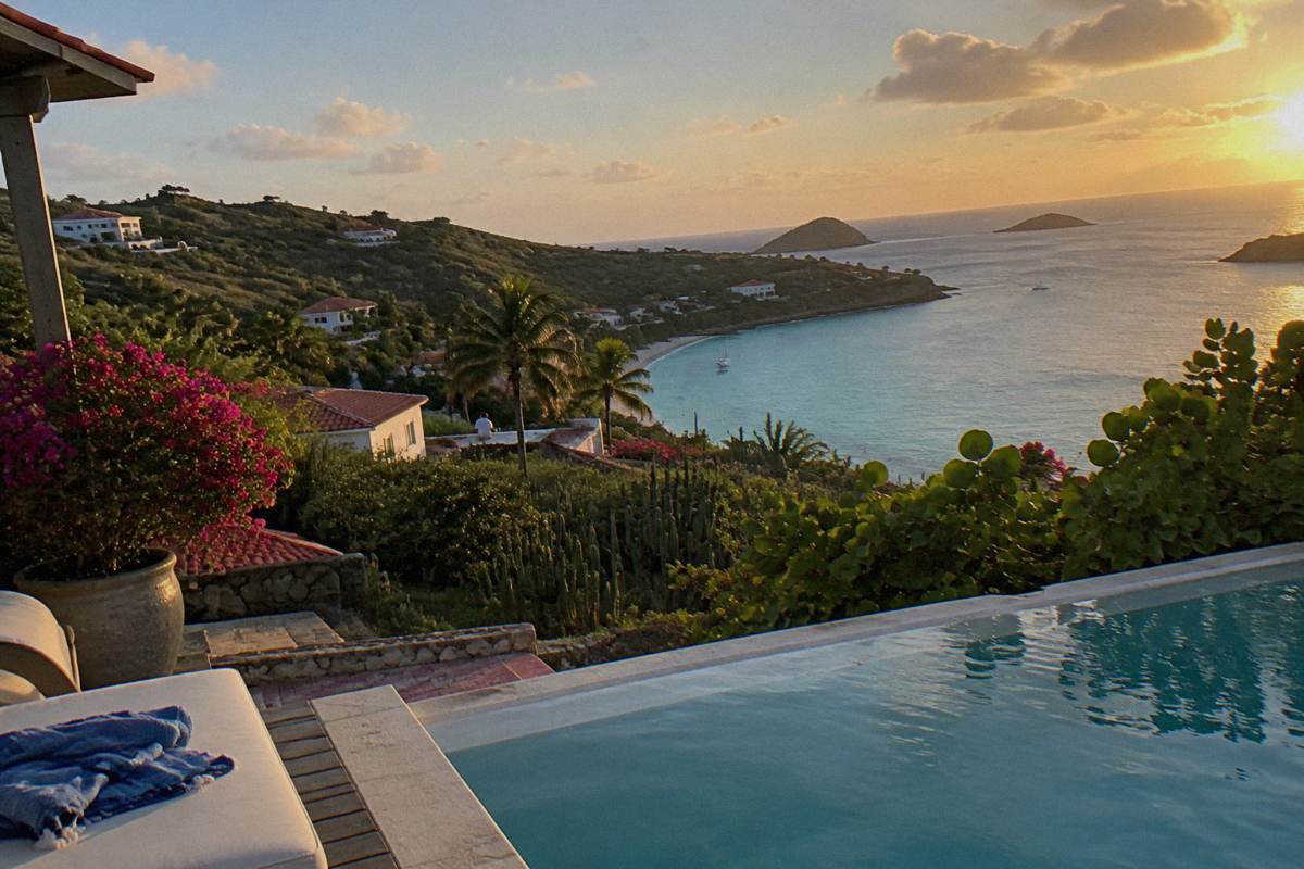 Private pool terrace of a hillside villa above the sea