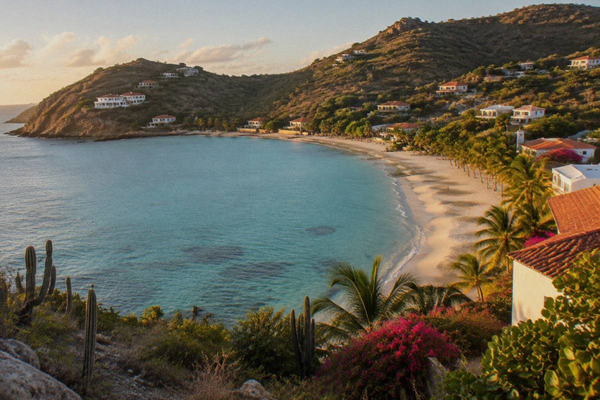 A turquoise bay with calm shallow water and a curved white sand beach lined with palm trees