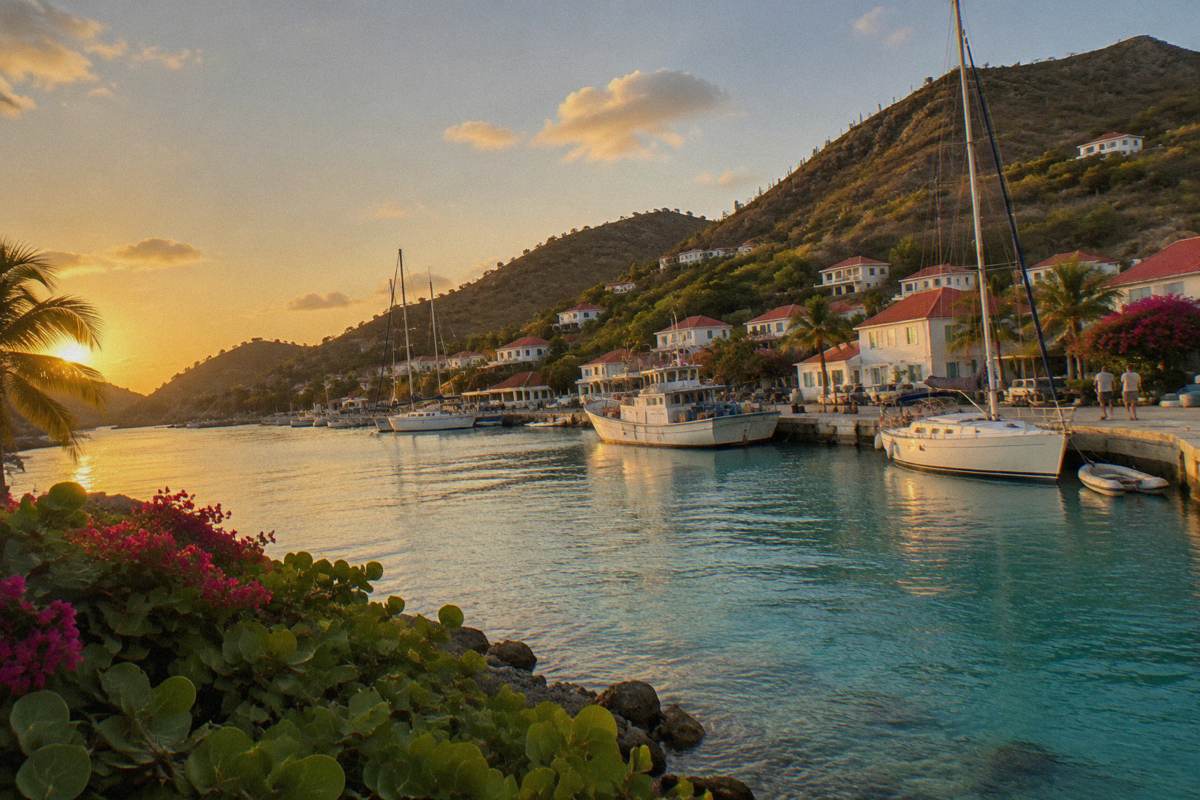 A small harbour town at golden hour with white buildings, fishing boats and masts along a quay