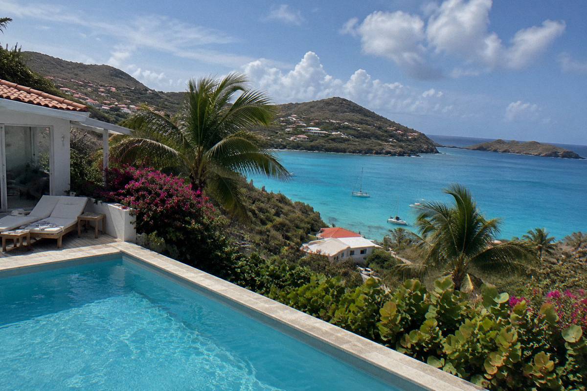 Private villa with pool terrace overlooking the sea through palm trees