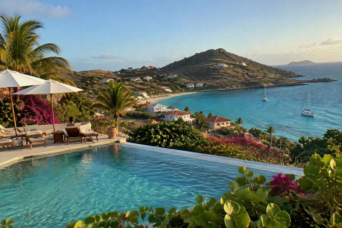 Resort pool terrace with loungers, umbrellas and sea view at golden hour