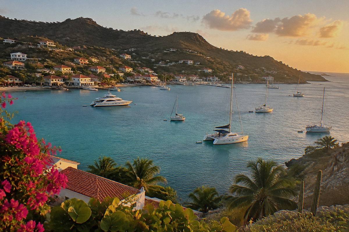 Yachts moored in a harbour with a town lit up along the shore in the early evening