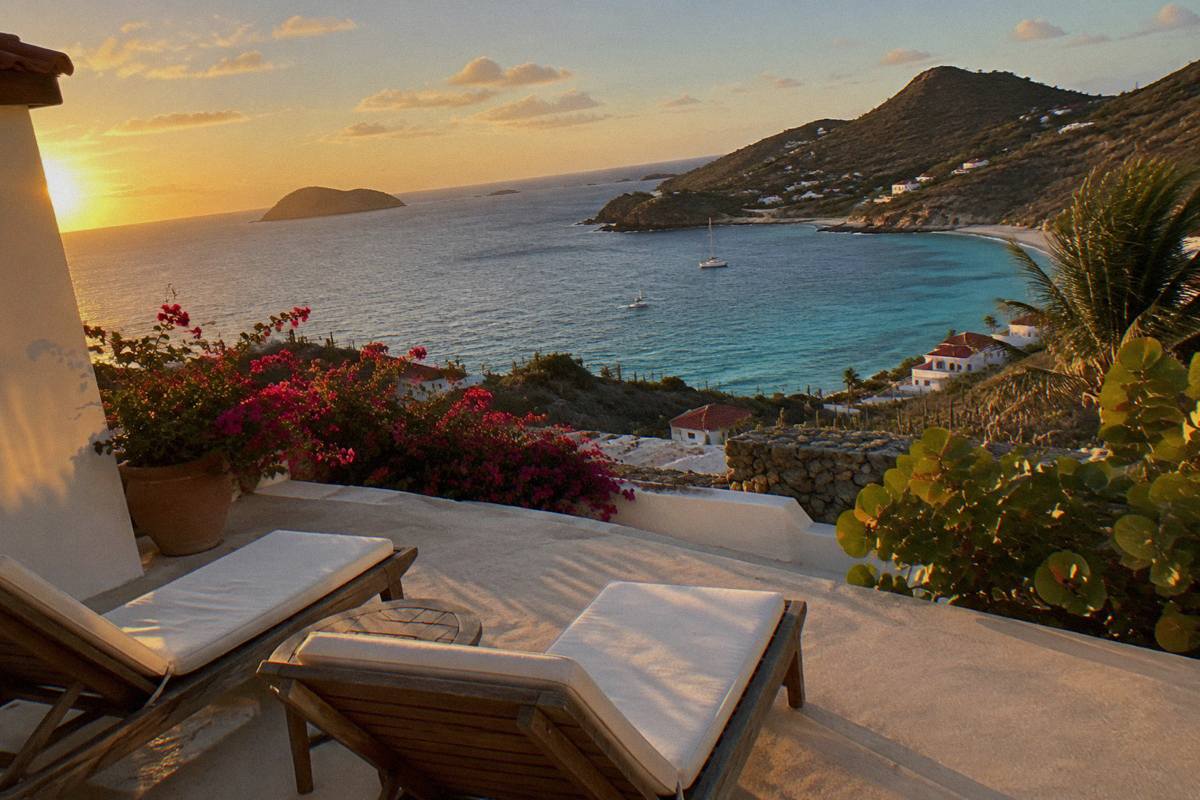 A quiet hotel terrace overlooking the sea with two lounge chairs