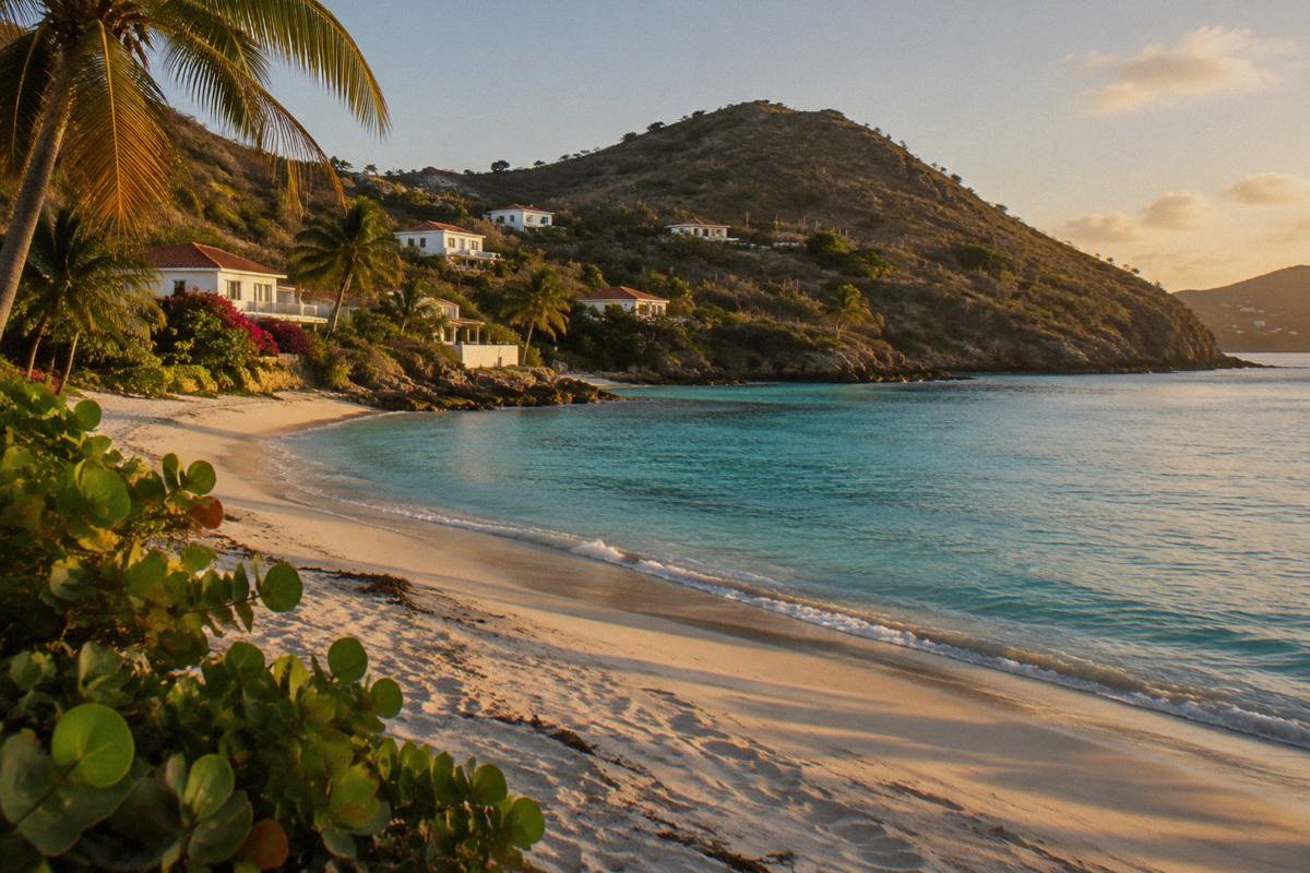 An empty palm-fringed beach with calm turquoise water and no people