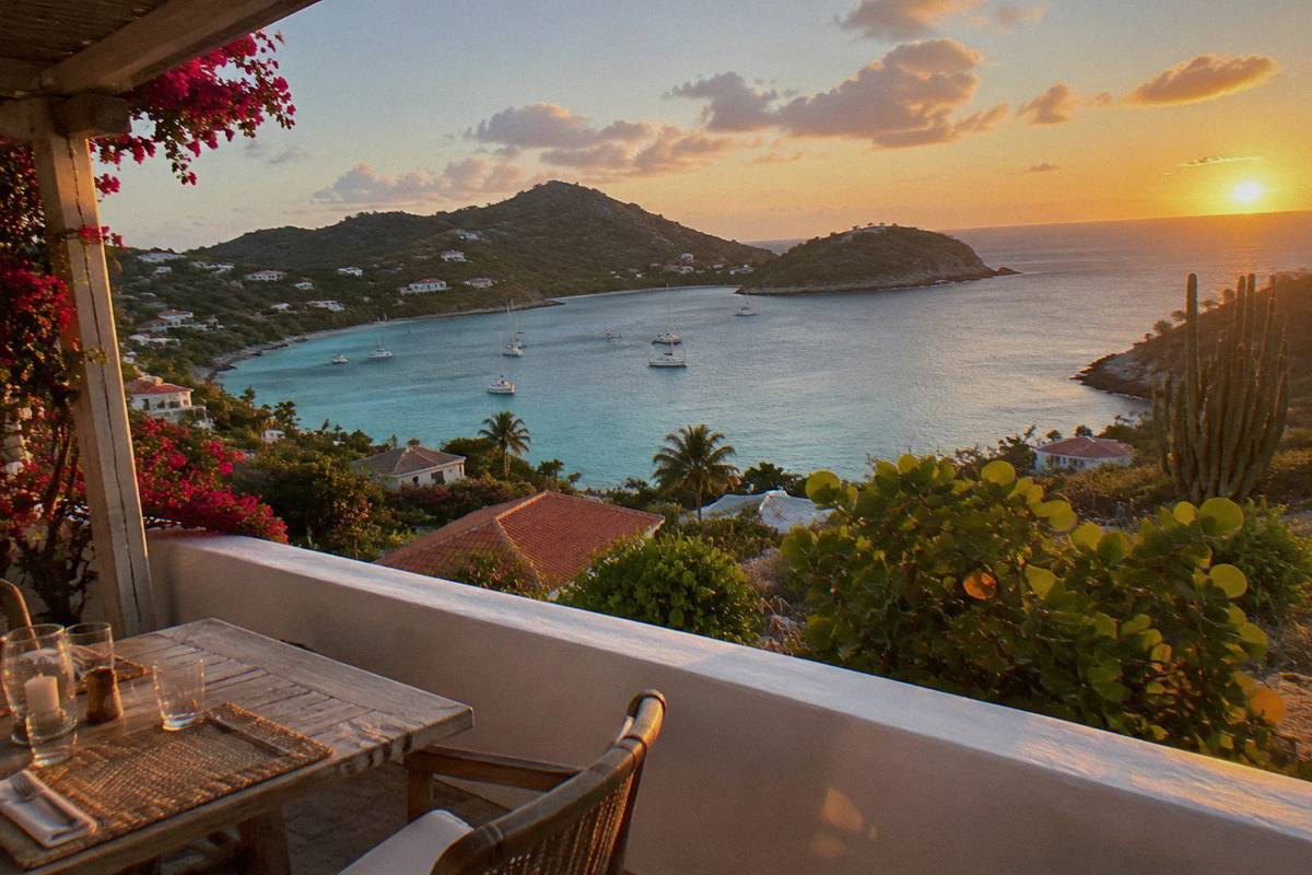 Open-air dining terrace overlooking a calm turquoise bay at sunset
