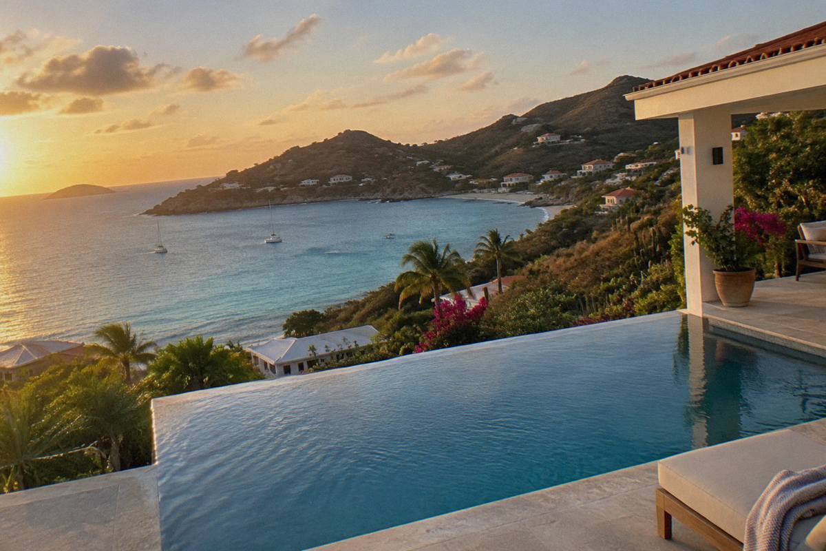 Modern villa exterior with infinity pool overlooking a Caribbean bay