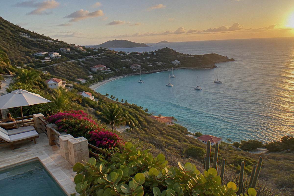 Cliffside hotel terrace above open sea at late afternoon