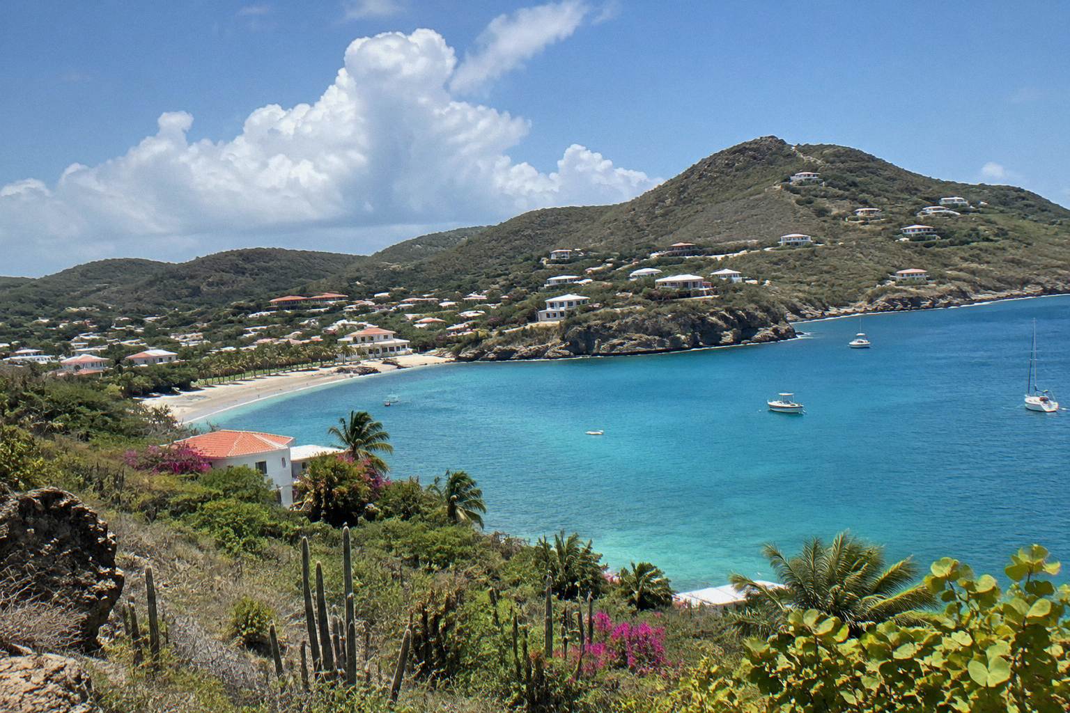 Rolling green hills above a calm Caribbean bay with turquoise water